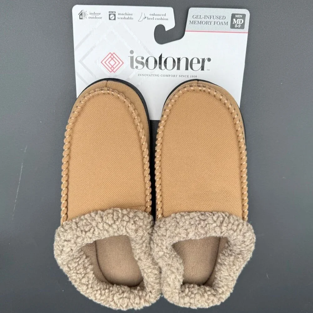 Isotoner Slippers Mens Size M 8-9 Memory‎ Foam Tan Buckskin Sherpa Lining